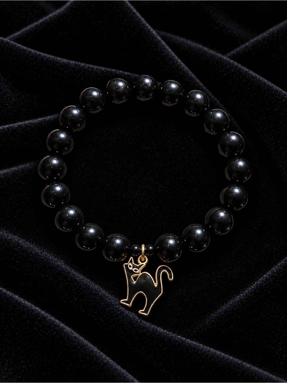 Avon Black Cat Trick or Treat Charm Black Beaded Stretch Bracelet